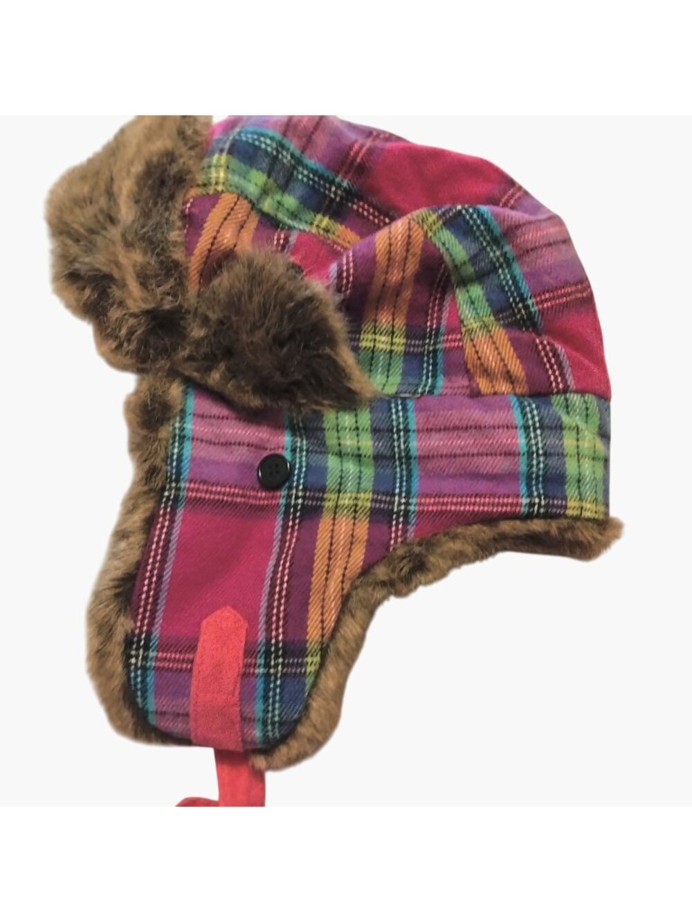 Elan Blanc Pink Plaid Trapper Hat Faux Fur Lining Ear Flaps Uncle Buck